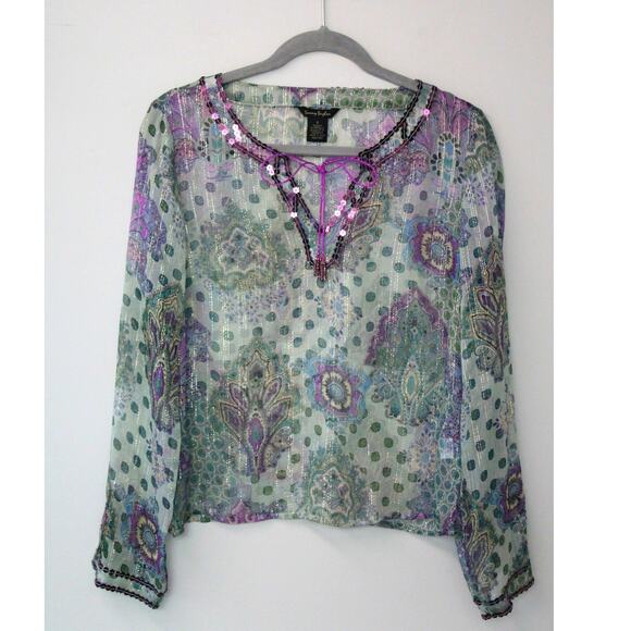 Sunny Taylor Silk Sheer Paisley Blouse with Sequins S - Picture 1 of 8